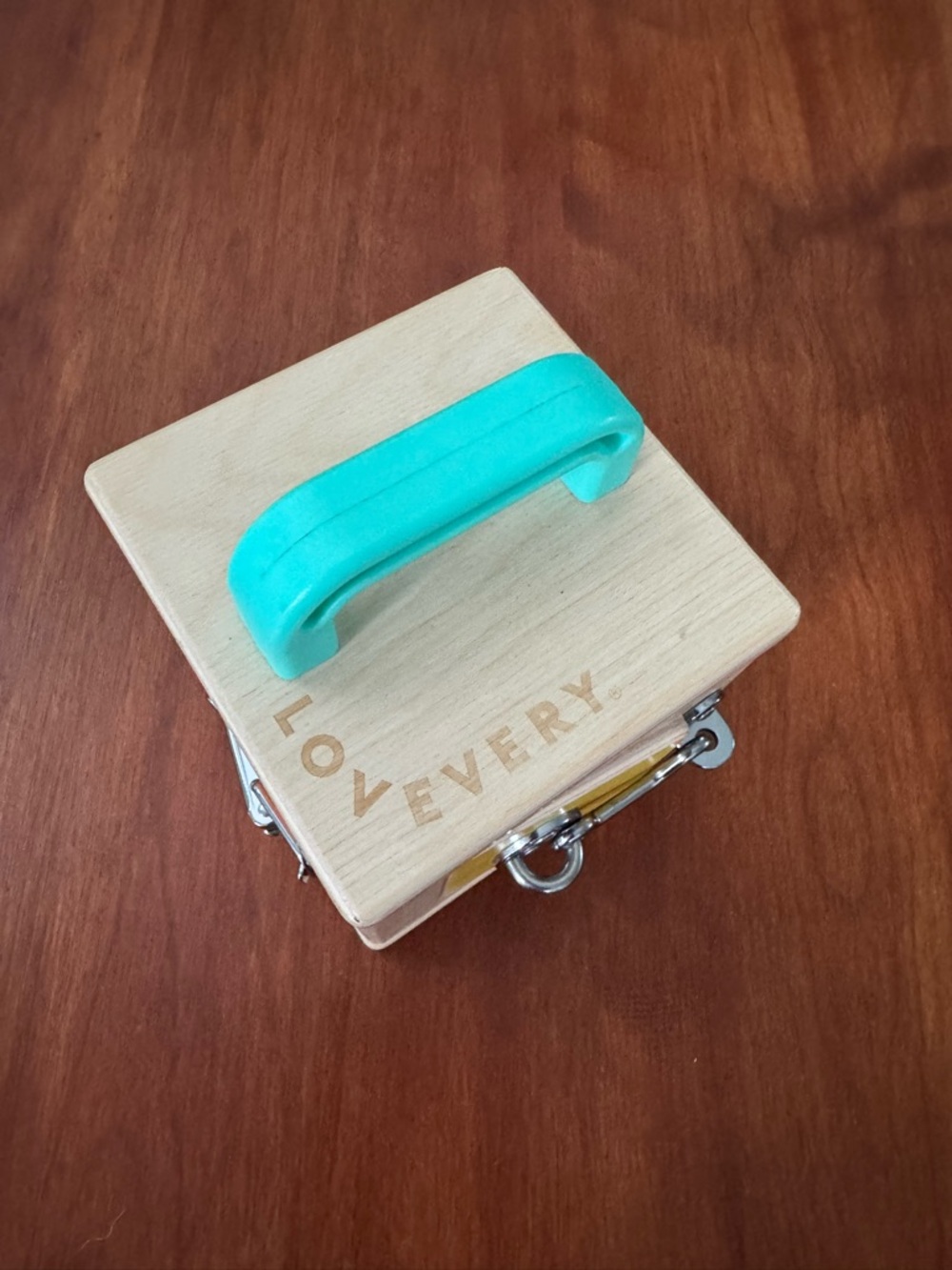 Lovevery Wooden Busy Box with Turquoise Handle